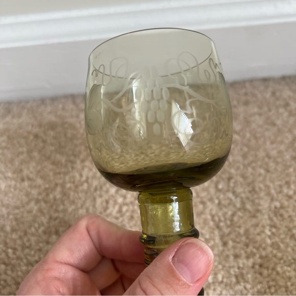 Vintage Etched Crystal German Roemer Wine Glasses, Olive Green - Picture 3 of 10
